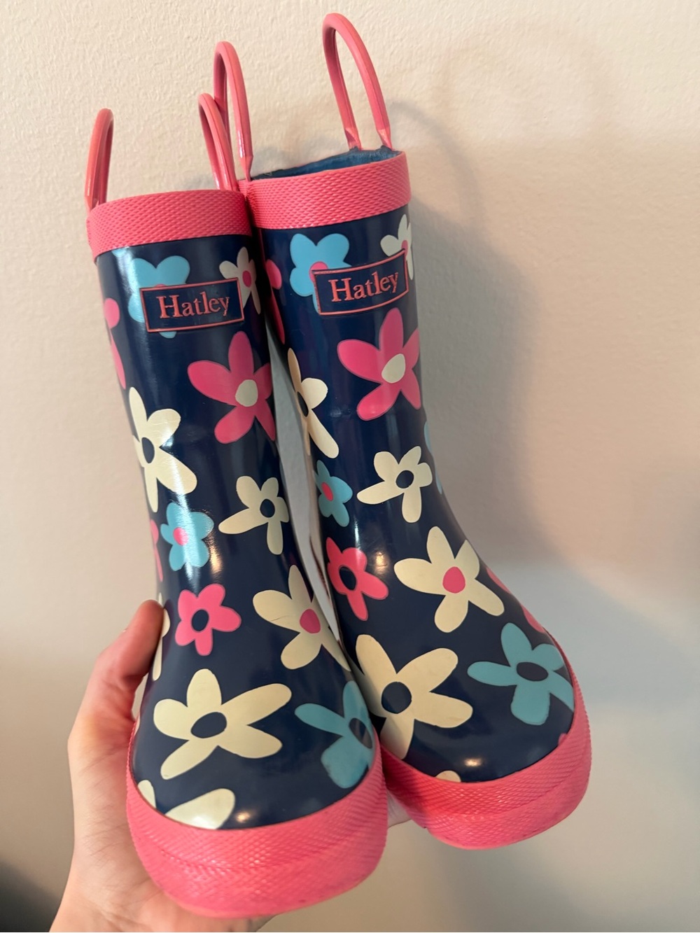 Hatley Navy Floral Kids Rain Boots with Pink Trim
